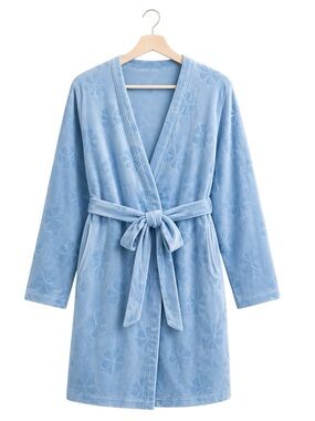 Plush Blue Floral Embossed Robe Belted Lounge Robe‎ Soft Cozy Size M